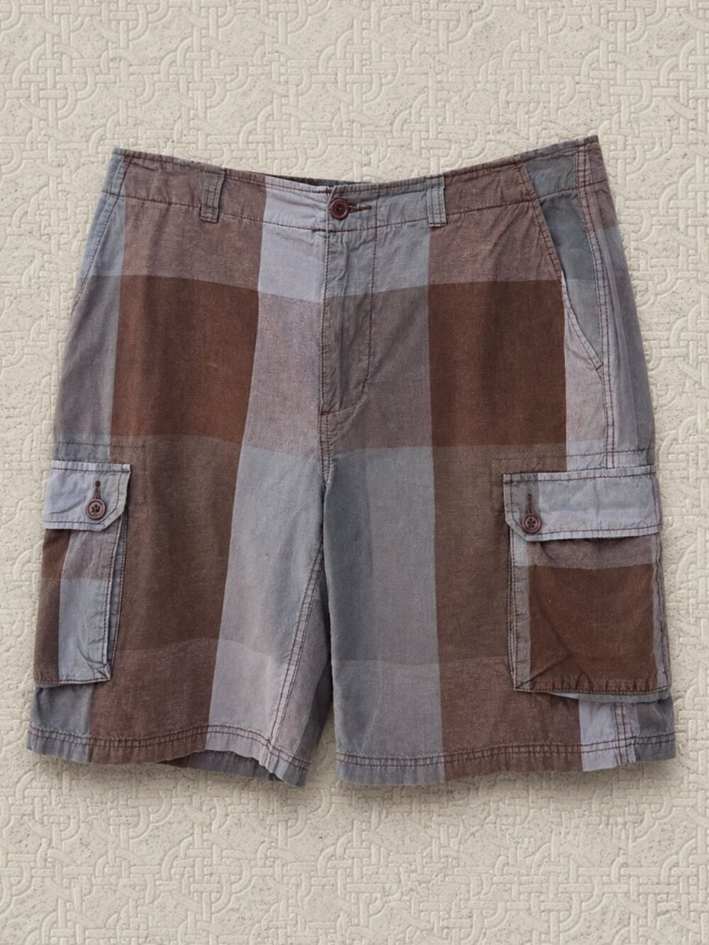 G&M Men's Plaid Brown/Gray Large Checker Cotton Cargo Shorts - 34